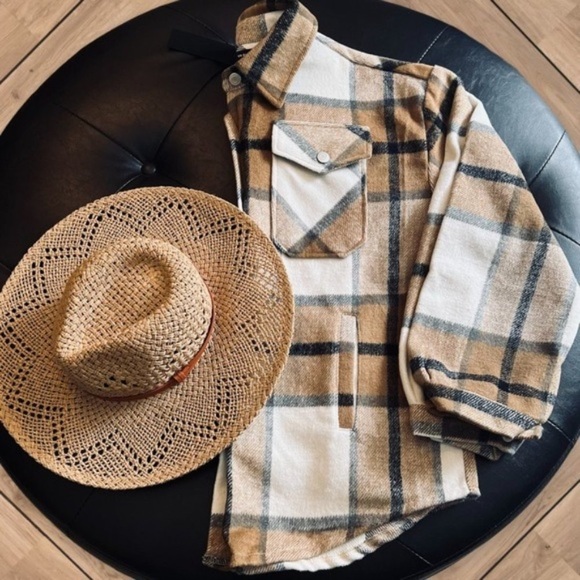 Plaid Flannel Button Shirt Jacket Shacket New Tan Oversized Pockets Wool NEW - Picture 6 of 7